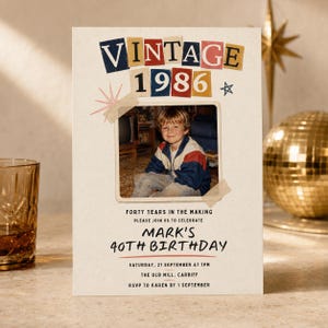 Op de afbeelding: Een verjaardagsuitnodiging met de tekst VINTAGE 1986 in kleurrijke letters in collage-stijl. Een centrale foto toont een kind in een blauw-wit jasje. De tekst luidt FORTY YEARS IN THE MAKING, MARK'S 40TH BIRTHDAY en bevat de details van het evenement.