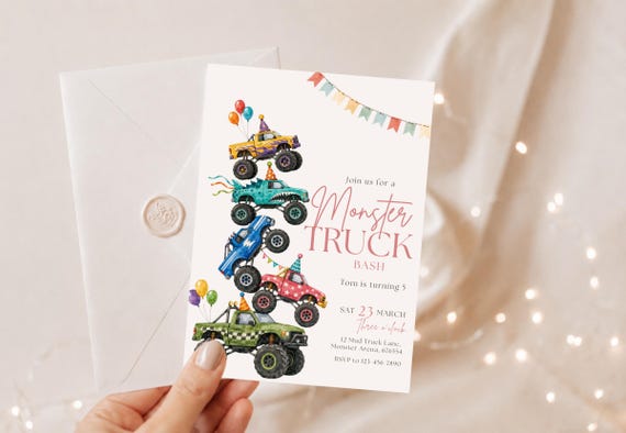 Printable Monster Truck Invite, Watercolour Stacked Monster Truck Birthday, racing party (Digital Download, editable Canva)