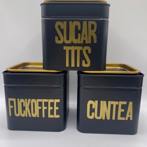 Swear word naughty canister set tea coffee and sugar black and gold. Set of 3. Novelty Naughty Canister Set Sweary Tins