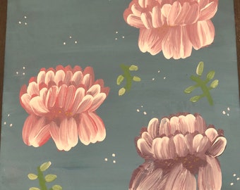May include: A painting of three pink flowers on a blue background. The flowers have white centers and are surrounded by small white dots. There are also green leaves scattered around the flowers.