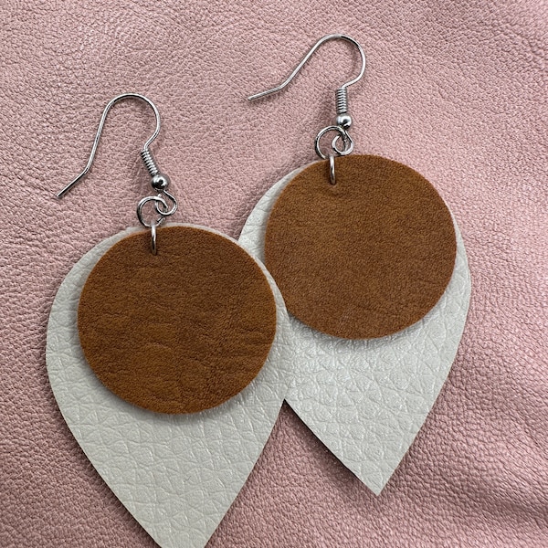 Black or White and Brown Pebbled Leather Earrings