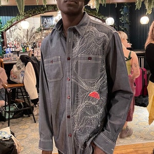Denim Shirt embellished with sashiko technique stitches, handmade unique item