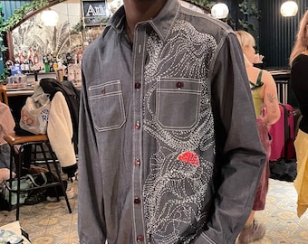 Denim Shirt embellished with sashiko technique stitches, handmade unique item