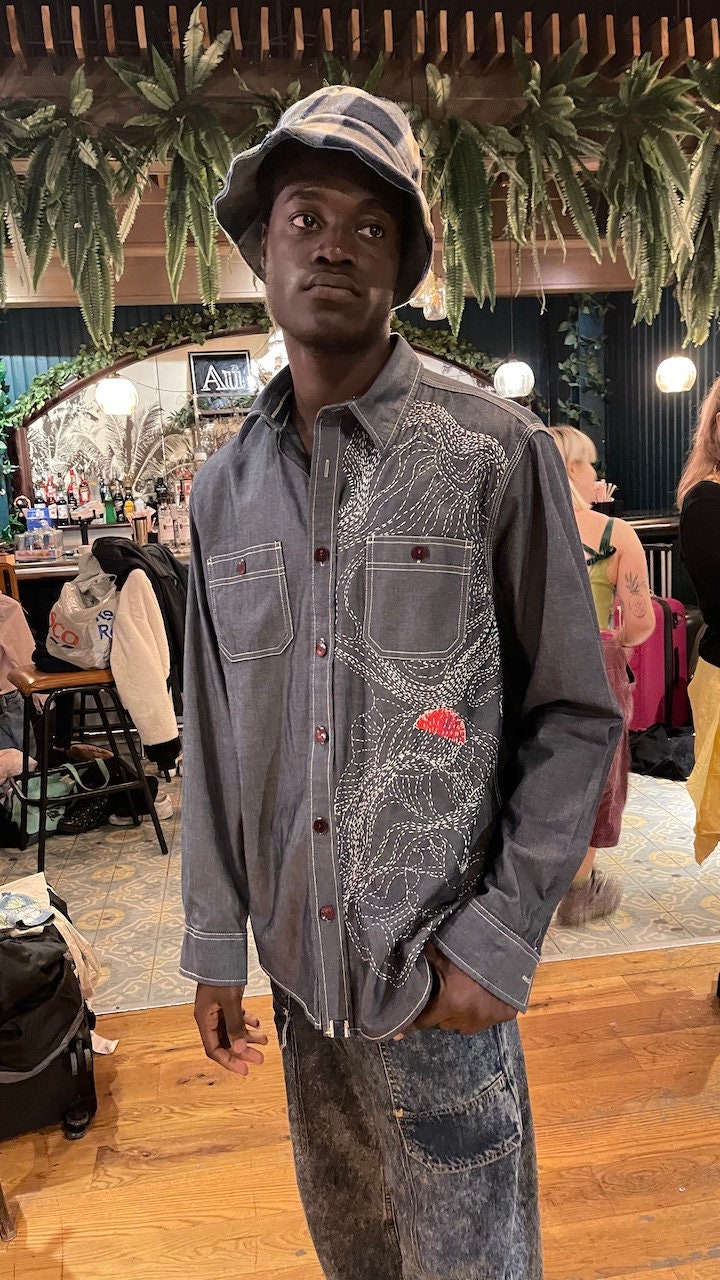 Denim Shirt Embellished With Sashiko Technique Stitches