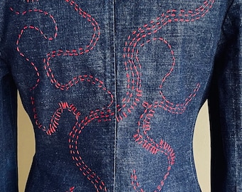Upcycled Blue denim blazer one front button size 12 embellished with sashiko stitches unique item Japanese vibe more measurements on request