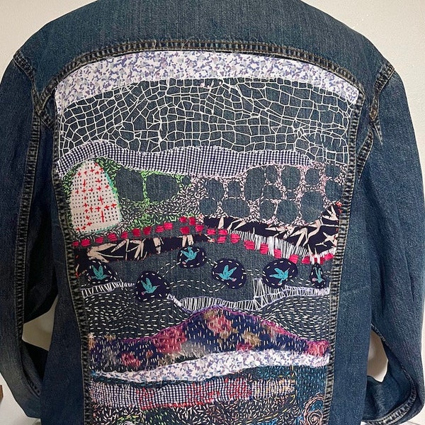 Upcycled Denim Jacket hand made embroidered with sashiko  stitching, unique item upcycled size L