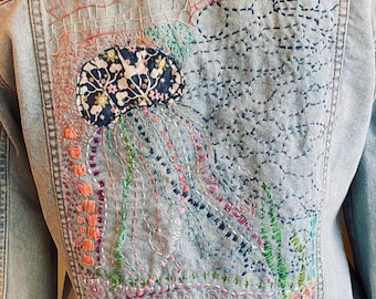 Handmade Upcycled denim jacket embellished with sashiko technique unique item size 14.  "Under the sea" theme . Measurements on request.