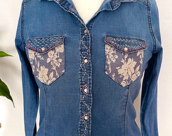 Upcycled denim shirt embroidered with sashiko stitches unique item