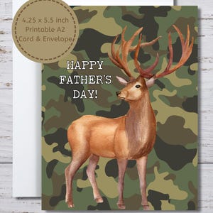 Buck Deer Vatertagskarte, druckbare Karte für Papa, Thema Jagd, Hirsch Jäger Karte, Camouflage, Hirsch auf Camo, Vatertags Hirsch Camo Karte