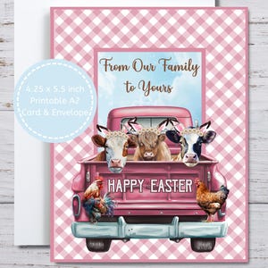 Tarjeta de Pascua con camión rosa, tarjeta de Pascua imprimible, camión rosa vintage, de nuestra familia a la suya, tarjeta de Pascua para imprimir, tarjeta de vacas y pollos