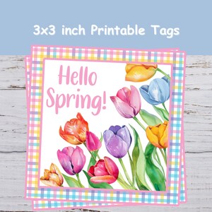 Tagi Hello Spring, Wydrukowane tagi wielkanocne, Tagi z tulipanami, Tagi na upominki na imprezę, Szkoła, Torebki na smakołyki, Klasa, Służba kościelna, Zasięg