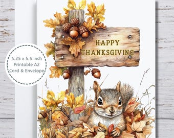 Squirrel Card, Thanksgiving Card, Autumn Card, Thanksgiving Squirrel, Squirrel Lover, Squirrel Theme, Printable Card, Thanksgiving Hostess