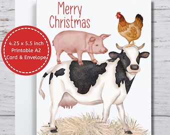 Farm Animals Christmas Card, Cow Lover, Printable Christmas Card, Pig Card, Ready to Print, Farm Theme, Chicken Owner, Farmstack, Barnyard