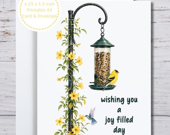 Karta dla miłośnika ptaków, Dzień pełen radości, Karta do druku, dla ogrodnika, dla obserwatora ptaków, dla ornitologa, Szczygieł, Koliber, Zachęta