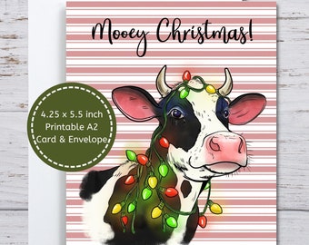Tarjeta navideña de vaca, vaca Holstein, tarjeta imprimible, tarjeta de vaca en blanco y negro, para amigos, para la familia, Mooey Christmas, tarjeta navideña para amantes de las vacas