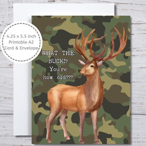 Lustige Geburtstagskarte für Buck Deer, Geburtstagskarte zum Drucken, Jagdstimmung, Geburtstagskarte für Jäger, Hirschjägerkarte, Camouflage, Hirsch auf Camo