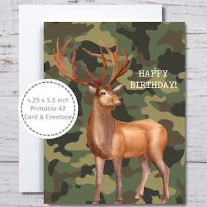 Buck Deer Geburtstagskarte, druckbare Geburtstagskarte, Jagdmotiv, Geburtstagskarte für Jäger, Hirschjägerkarte, Camouflage, Hirsch auf Camo