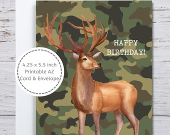 Buck Deer Birthday Card, Printable Birthday Card, Hunting Theme, Birthday Card for Hunter, Deer Hunter Card, Camouflage, Deer on Camo