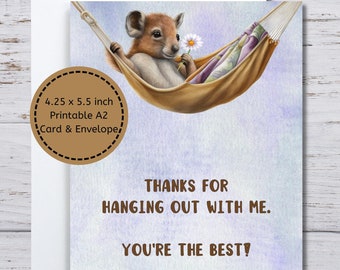 Squirrel Card, for Him, for Her, for Friend, Thank You Card to Print, Squirrel Theme Card, Squirrel in a Hammock Card, Squirrel Thanks Card