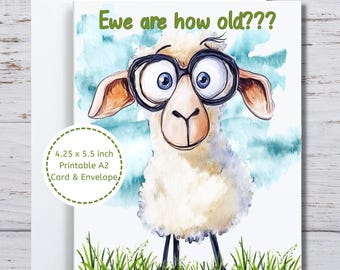 Biglietto di auguri di compleanno a forma di pecora, biglietto di auguri di compleanno stampabile, quanti anni hanno le pecore, biglietto di auguri di compleanno a forma di pecora con giochi di parole da stampare, umorismo sulla fattoria, amante delle pecore, biglietto di auguri di compleanno umoristico
