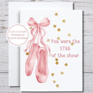 Tarjeta de recital de ballet, tarjeta de recital de danza, tarjeta de bailarina, estrella del espectáculo, felicitaciones por el recital, ánimo para el ballet, zapatillas de ballet rosas