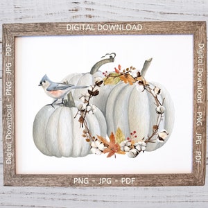 White Pumpkins Decor, Tufted Titmouse Bird Fall Decor, White Pumpkin Wall Art, White Pumpkins and Cotton, White Pumpkins Printable Clipart