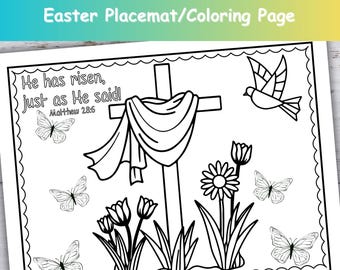 Afdrukbare paasplacemat, christelijke placemat, christelijke paaskleurplaat, paasplacemat om in te kleuren, hij is opgestaan, paasactiviteitspagina
