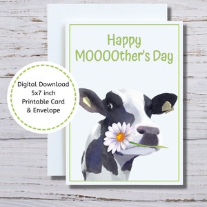 Cow Card for Mom, Mothers Day Cow Card, Cow with Daisy, Mothers Day Card to Print, Cow Pun Printable Card, Cow Card, Holstein Cow, Cow Lover