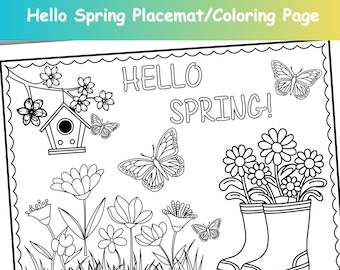 Mantel individual de primavera imprimible, mantel individual de Hola primavera, página para colorear de primavera, hoja para colorear de primavera, página de actividades de primavera, para educación en el hogar, para niños