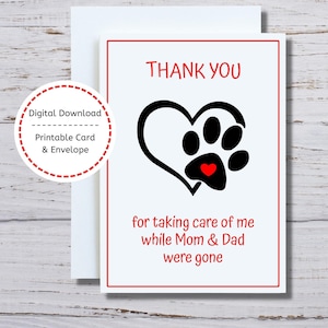Carte de remerciement pour chien, carte de remerciement pour animaux de compagnie, carte de remerciement imprimable pour chien, carte de remerciement pour chien à empreinte de patte, carte de soins pour animaux de compagnie, carte de remerciement pour chat, carte pour chien