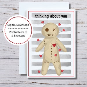 Funny Thinking About You Card, Printable Voodoo Valentine Card, Doll with Pins Card to Print, Snarky Voodoo Valentine Card, Voodoo Vday Card