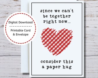 Paper Hug Card, Missing You Printable Card, Thinking of You Card, Red Gingham Plaid Heart Card, Long Distance Relationship, Military Card