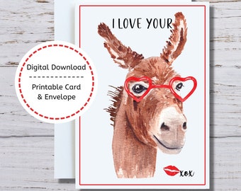 Donkey Valentine Card, Printable Donkey Card, Donkey Love Card, Funny Donkey Card to Print, Funny Donkey Printable Card, Funny Donkey Card