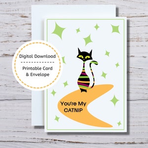 MCM Cat Card, Mid Century Modern Funny Cat Card, You're My Catnip Card to Print, Printable Retro MCM Valentine Card, MCM Boomerang and Stars