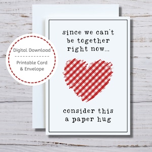 Carte câlin en papier, carte imprimable Missing You, carte Thinking of You, carte cœur à carreaux Red Gingham, relation longue distance, carte militaire