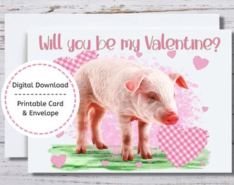 Pig Valentine Card, Pig with Hearts, Pig Card, Valentine Pig, Printable Pig Valentine's Day Card, Pig Lover Valentine, Pig and Hearts Card