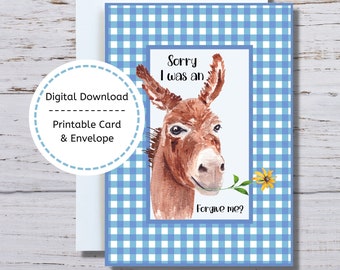 Funny Donkey Card, Printable Donkey Apology Card, I'm Sorry Card, Forgive Me Card, Funny Donkey Apology Card to Print, Sorry Card, Apology