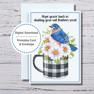 Cartão Shake Your Tail Feathers, cartão Bluebird para impressão, cartão de pássaros e flores, cartão para sentir-se melhor logo, Bluebird e margaridas ficam bem