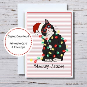 Carte de Noël Meowy Catmas, carte imprimable chat, carte imprimable Meowy Catmas, chat avec carte de Noël lunettes, carte de Noël chat drôle