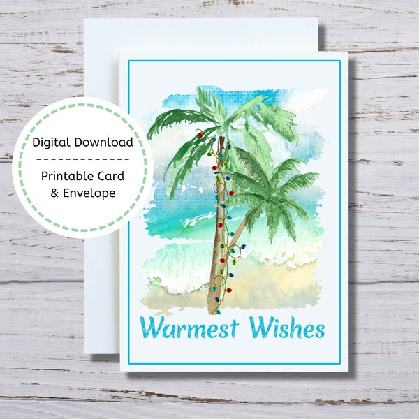 Beach Christmas Card, Beach Palm Trees Printable Card, Palm Trees with Christmas Lights, Printable Beach Christmas Card, Tropical Christmas