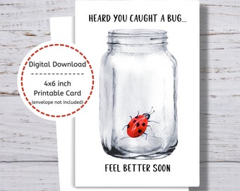 Get Well Card, Printable Feel Better Card, Funny Get Well Card, Heard You Caught a Bug, Ladybug Get Well Card, Bug in a Jar Get Well Card