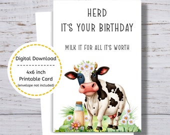 Cow Birthday Card, Printable Cow Birthday Card, Herd It's Your Birthday, Funny Cow Birthday Card, Punny Cow Bday Card, Cow Card to Print