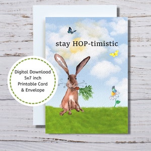 Carte d'encouragement, carte d'encouragement imprimable, carte de jeu de mots lapin, carte d'affirmation, mots encourageants, lapin rester optimiste, ambiance positive