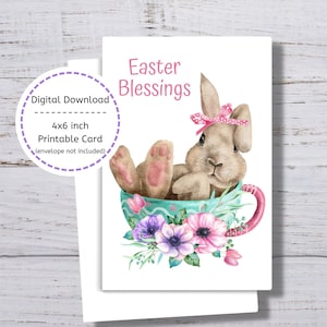 Carte de bénédictions de Pâques, carte de Pâques imprimable, lapin dans une tasse, carte de Joyeuses Pâques, carte de Pâques lapin mignon, carte de bénédictions de Pâques à imprimer