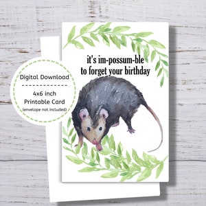 Cartão de aniversário de gambá, cartão de aniversário de gambá imprimível, é im-possum-ble esquecer seu aniversário, cartão de gambá engraçado, cartão de gambá punny