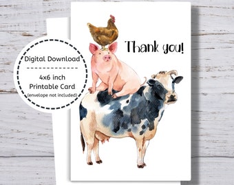 Farm Thank You Card, Printable Thank You Card, Cow Thank You Card, Pig Thank You Card, Rooster Thank You Card, Farm Theme Thank You Card