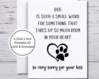 May include: A sympathy card with a black paw print inside a heart. The card reads "Dog is such a small word for something that takes up so much room in your heart. So very sorry for your loss."