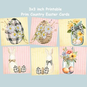 May include: A collection of 3x3 inch printable Prim Country Easter Cards. The cards feature watercolor illustrations of Easter eggs, bunnies, and floral arrangements in mason jars and baskets. The designs incorporate gingham patterns and pastel colors.
