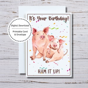 Tarjeta de cumpleaños de cerdo, tarjeta imprimible, tarjeta de cerdo divertida, tarjeta imprimible de cerdo, tarjeta de cerdo, tarjeta y sobre, tarjeta de cumpleaños de cerdo para imprimir, jamón