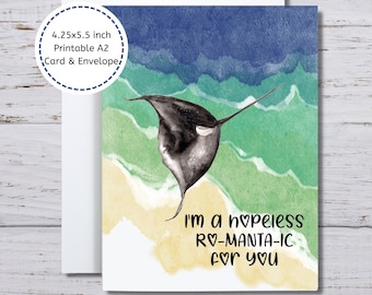 Manta Ray Card, Stingray Printable Card, Anniversary Card, for Her, for Him, Beach Theme Card to Print, Beach Lover Printable Greeting Card